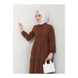 Kadın Tesettür Terikoton Uzun Elbise, Gömlek Yaka, Önü Düğmeli, Sabit Kuşaklı, Uzun Kollu Regular Kesim, Kahverengi, Exxit Collection