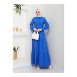 Kadın Tesettür Terikoton Uzun Elbise, Gömlek Yaka, Önü Düğmeli, Sabit Kuşaklı, Uzun Kollu Regular Kesim, Mavi, Exxit Collection