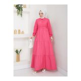 Kadın Tesettür Terikoton Uzun Elbise, Gömlek Yaka, Önü Düğmeli, Sabit Kuşaklı, Uzun Kollu Regular Kesim, Pembe, Exxit Collection