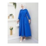 Kadın Tesettür Terikoton Uzun Elbise, Gömlek Yaka, Önü Düğmeli, Sabit Kuşaklı, Uzun Kollu Regular Kesim, Saks, Exxit Collection