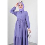 Kadın Tesettür Yarım Düğmeli, Belden Büzgülü Elbise - Lila - XL