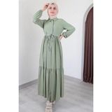 Kadın Tesettür Yarım Düğmeli, Belden Büzgülü Elbise - Mint - XL