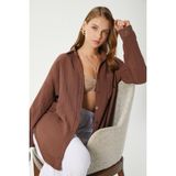 Kadın Tilda %100 Pamuk Müslin Oversize Kahverengi Gömlek