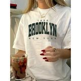 Kadın Tişört Bisiklet Yaka Brooklyn Baskılı Kısa Kollu T-Shirt - Beyaz