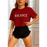 Kadın Tişört Crop Tişört Baskılı Fit Tişört Balance-Tişört - Bordo - XL