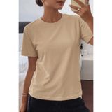 Kadın Tişört Gri Bisiklet Yaka Basic Tişört%100 Pamuk Rahat Kalıp T-shirt BASIC-KADIN (Bej, M)