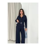 Kadın Trend Beli Kemerli Dik Yaka Fermuarlı Modal Eşofman Takım Lacivert Mavi S