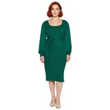 Kadın Triko Bodycon Kalıp Midi Elbise Kare Yaka Balon Kol Detaylı Kuşaklı Şık Tasarım Kaliteli-Zümrüt Yeşili-2XL