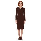 Kadın Triko Bodycon Midi Uzun Kol Polo Yaka Düz Elbise Şık ve Konforlu Kışlık Günlük Giyim-Kahverengi-M