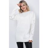 Kadın Triko Kazak Bisiklet Yaka Kolu Desenli Oversize Ekru