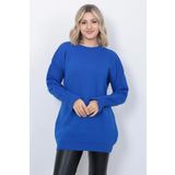 Kadın Triko Kazak Bisiklet Yaka Kolu Desenli Oversize Saks Mavi