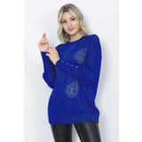 Kadın Triko Kazak Bisiklet Yaka Yaprak Desenli Kolu Taşlı Oversize Saks Mavi