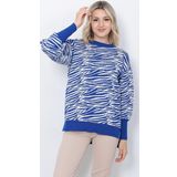 Kadın Triko Kazak Bisiklet Yaka Zebra Desenli Oversize Yırtmaçlı Saks Mavi