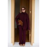 Kadın Triko Pantolon Takım Bordo Oversize Saç Örgülü 122-00662