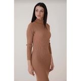 Kadın Triko Uzun Elbise, 125 cm Maxi Boy, Balıkçı Yaka, Uzun Kollu Vücudu Saran Slim Fit Örme, Bisküvi, Exxit Collection