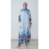 KADIN TUNİK ÖNÜ DÜĞMELİ CEPLİ DESENLİ KOLAĞZI LASTİKLİ PANTOLON BELİ LASTİKLİ YAZLIK İKİLİ TAKIM