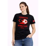 Kadın Türkiye World Cup 2026 Baskılı Tişört Futbol Temalı Forma T-Shirt - Siyah