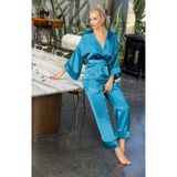 Kadın Turkuaz Saten Kuşaklı Pijama Takımı Kimono Kol Detaylı Şık Ve Rahat 2’li Set, S