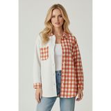 Kadın Turuncu Oversize Fit Ekoseli Desenli Uzun Kollu %100 Pamuk Gömlek, Ceket, Kadın Oduncu Gömlek