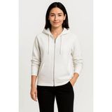 Kadın Üç İplik Kapüşonlu Tam Fermuarlı Kanguru Çepli SweatShirt Hoodie - Beyaz