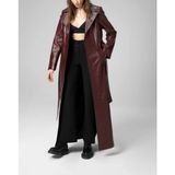 kadın uzun hakiki deri trençkot kaban - 5XL - Bordo