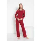 Kadın Uzun Kol Bisiklet Yaka Dantelli Viskon Bordo Pijama Takımı C8T3N5O-048 BORDO L