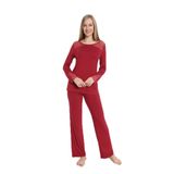 Kadın Uzun Kol Bisiklet Yaka Dantelli Viskon Bordo Pijama Takımı C8T3N5O-048 BORDO M