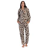 Kadın Uzun Kol Polar Önden Düğmeli Leopar Bej Pijama Takım C7T6N0O304 BEJ M