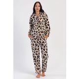Kadın Uzun Kol Polar Önden Düğmeli Leopar Bej Pijama Takım C7T6N0O304 BEJ XL