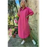 Kadın Uzun Kol Poplin Cepli Oversize Günlük Spor Tunik Gömlek Elbise Fuşya Pembe 3555352