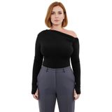 Kadın Uzun Kollu Asimetrik Yaka Polyester Bluz Sandy Dokuma Günlük Tarz Büzgülü Tasarım Kaliteli_Siyah-4XL