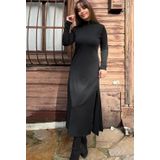 Kadın Uzun Kollu Balıkçı Yaka Derin Yırtmaç Detay Krep Elbise