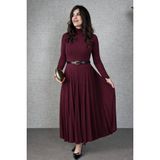Kadın Uzun Kollu Balıkçı Yaka Kemersiz Pileli Uzun Sandy Elbise - L - XL - Bordo