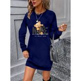 Kadın Uzun Kollu Bisiklet Yaka Ayı Desenli Viskon Iki Iplik Elbise Renk;Lacivert,Beden;2XL-3XL