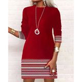 Kadın Uzun Kollu Bisiklet Yaka Kol Ağzı Ve Etek Ucu Baskılı Iki Iplik Elbise - Kırmızı / 2Xl-3Xl