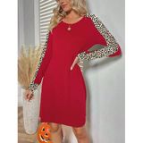 Kadın Uzun Kollu Bisiklet Yaka Kollar Leopar Detay Iki Iplik Mini Boy Elbise - L-XL - Kırmızı