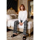 Kadın Uzun Kollu Bisiklet Yaka Leopar Desenli Pijama Takımı Fonksiyonel Dayanıklı Kaliteli