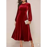 Kadın Uzun Kollu Bisiklet Yaka Midi Kadife Elbise - 2XL-3XL - Bordo
