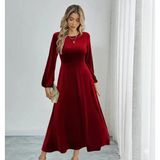 Kadın Uzun Kollu Bisiklet Yaka Midi Kadife Elbise - L-XL - Bordo