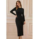 Kadın Uzun Kollu Bisiklet Yaka Taşlı Midi Kadife Elbise - Siyah / L-Xl