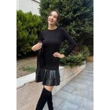 Kadın Uzun Kollu Bisiklet Yaka Üst Viskon Etek Ucu Deri Kısa Elbise