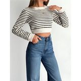 Kadın Uzun Kollu Çizgili Crop Triko Kazak - Standart - Beyaz
