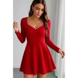 Kadın Uzun Kollu Inci Yakalı Kısa Ithal Krep Elbise - Kırmızı - 2XL - 3XL