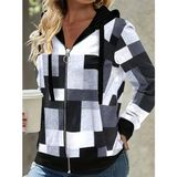 Kadın Uzun Kollu Kapşonlu Önden Fermuarlı Desenli Şardonlu Ceket - Siyah - Beyaz - L - XL