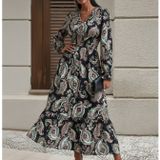Kadın Uzun Kollu Kruvaze Yaka Beli Lastikli Uzun Desenli Maxi Elbise