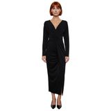 Kadın Uzun Kollu Kruvaze Yaka Bodycon Drape Detaylı Örme Sandy Dokuma Maxi Abiye Elbise Kaliteli-Siyah-40