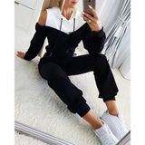 Kadın Uzun Kollu Omuzlardan Açık Kapşonlu Bağcıklı Çift Renkli Viskon Iki Iplik Bluz Ve Pantolon Ikili Takım