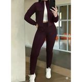 Kadın Uzun Kollu Önden Fermuarlı Kısa Modal Mor Ceket Ve Pantolon Ikili Takım - Bordo / 2Xl-3Xl