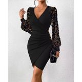 Kadın Uzun Kollu Pul Payetli Kruvaze Yaka Yandan Düğmeli Kısa Ithal Krep Elbise - Siyah / 2Xl-3Xl