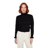 Kadın Uzun Kollu Regular Kesim Dik Yaka Ajur Desenli Bağcıklı Triko Kazak Kışlık Basic Stil -Siyah-S